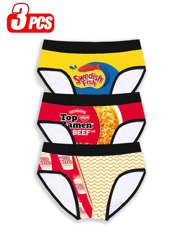 3 pièces/Paquet Sous-vêtements amples et confortables pour hommes avec imprimé numérique de motif de bande dessinée, tissu de base en tricot