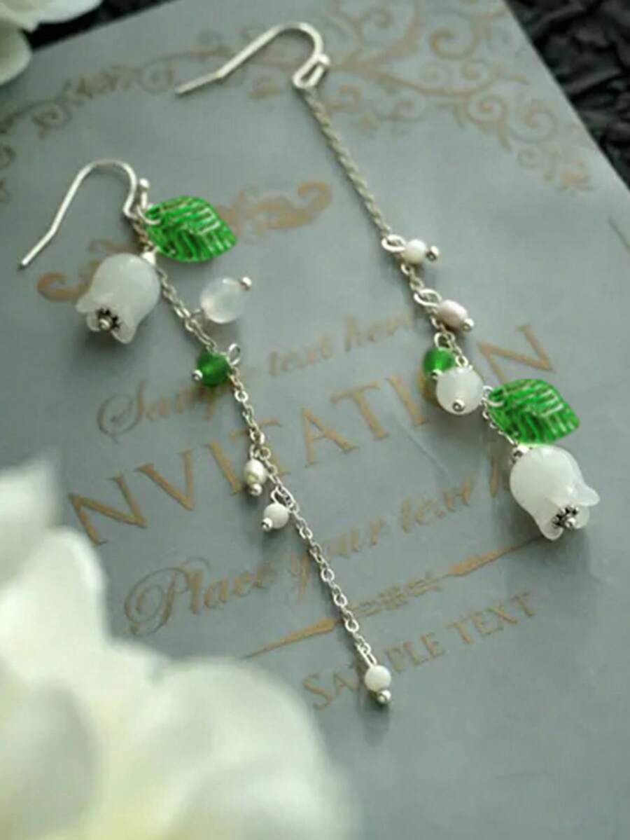 2 piezas Pendientes con borlas de flores de lirio y hojas con cuentas, pendientes de resina de estilo bohemio en múltiples colores, adecuados para uso diario de mujeres, citas, fiestas, vacaciones en la playa, regalo de joyería - Multicolor - Ver 1