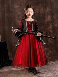 Girls' Halloween Black Dress Long Skirt, Witch Party Tulle Dress - Red - View 5