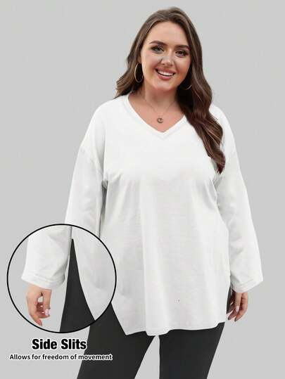 SUPEKYKO 大码V领T恤 - 女士宽松运动上衣，休闲长袖衬衫 白色 春季