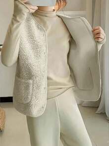 秋冬仿羊毛女士背心，复古皮革拼布无袖夹克蓬松羊羔绒休闲马甲