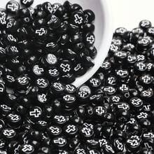 200/600Pcs 6mm Square/7mm Flat Round Acrylic Beads Cross Pattern Beads Loose Spacer Beads For Jewelry Making DIY Bracelets Accessories - Nền đen với chữ trắng/Oblate - Xem 1