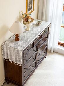 1 buc. Față de masă din dantelă bej, eșarfă pentru șemineu în stil boem, dreptunghiulară, model geometric minimalist, ciucuri bej, potrivită pentru dulapuri, bufete, față de masă lavabilă, decorativă pentru dormitor, bucătărie, sufragerie, petreceri, nunți, evenimente tematice, toate anotimpurile, decor de toamnă