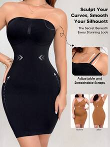 1pc Women's Seamless Shaping Slip Dress, Tummy Control, Removable Straps & Smooth Silhouette For Under Dresses Or Daily Wear - Black - View 1