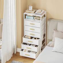 Hzuaneri Mesita de Noche, Mesita Auxiliar con 6 Cajones de Tela y Compartimento Abierto, Mesa Lateral de Sofá de Moderna, para Dormitorio y Sala de Estar, 30 x 40 x 96 cm, Blanco