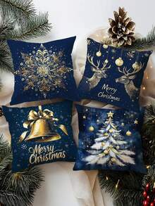 4 Stücke, einseitig bedruckter Kissenbezug, Blau und Gold Weihnachtsthema Schneeflocken und Glocken Serie Kissenbezug Set, 40x40cm/45x45cm/50x50cm, Heimdekoration Kissenbezug geeignet für Wohnzimmer Sofa und Schlafzimmer, Kissenkern nicht enthalten - Blau - Übersicht 7
