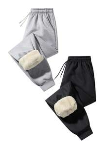 2条装男士保暖内衬运动裤，羊羔绒保暖裤，抽绳松紧腰加厚束口慢跑裤