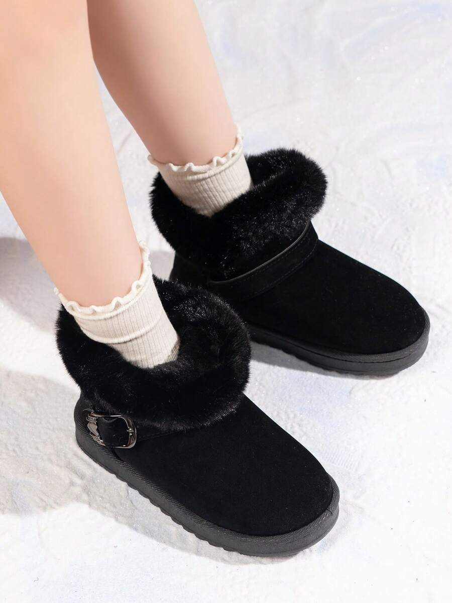 2025 Kids Thick Sole Anti-Slip Warm Lining Snow Boots, Solid Color Fluffy Trim Short Shaft High-End Design Thick Bottom Snow Boots, Warm Fuzzy Collar Flat Casual Slip-On Shoes With Decoration