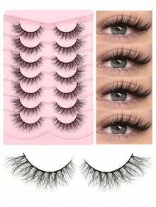 7 paia di ciglia finte di stile naturale, non simili all'umano, adesive 3D, multistrato, dense, accessori per il trucco adatti per matrimoni, attività quotidiane e lavoro, facili da indossare, eyeliner naturale con rivestimento ad alta densità.