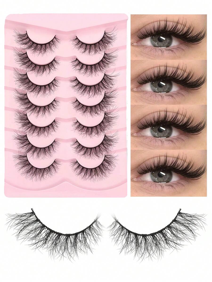 7 paia di ciglia finte di stile naturale, non simili all'umano, adesive 3D, multistrato, dense, accessori per il trucco adatti per matrimoni, attività quotidiane e lavoro, facili da indossare, eyeliner naturale con rivestimento ad alta densità.