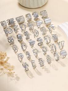 24pcs Stainless Steel Fashion Retro Golden Oil Pressure Ring Mixed Styles, Ring Styles Are Random, Finger Size Is One Size, Suitable For Women's Daily Dress Or Gift - Silver - View 2