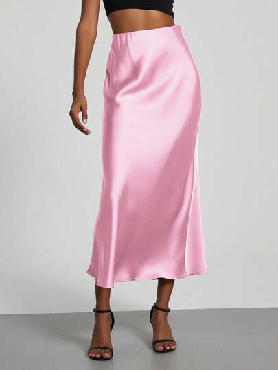 Falda larga de satén elástica con sensación de satén de Se-Helo Fashion - Rosa manzana silvestre