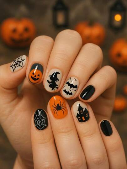 24Pcs Medium Almond Press On Nails Short Oval Halloween Nails Glow In The Dark With Vampire & Bat & Spider Web Design Glossy Full Cover For Women Girls Fake Nails Nail Supplies Nails