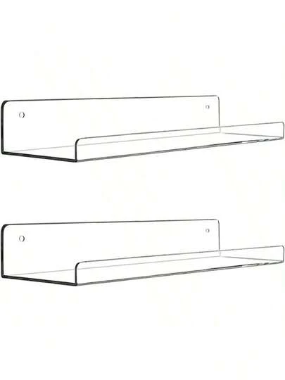Acrylic Floating Wall Ledge Shelf, Clear Bathroom Storage And Display Shelves, 15 Inch Invisible Acrylic Bookshelf, 2 Pack