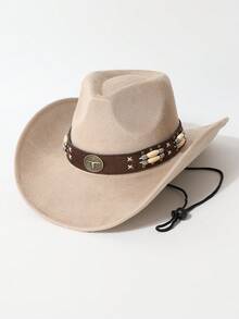1 pieza Sombrero de ala ancha de tela de alta calidad con decoración de cadena con cabeza de toro para mujer, sombrero vaquero minimalista de moda todo a juego, sombrero de jazz adecuado para fiesta, evento con tema occidental, reunión, cosplay, ceremonia de graduación, baile de máscaras, vacaciones, celebración de cumpleaños, festival de música, viaje y senderismo
