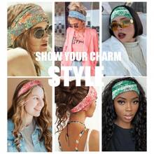 1条女士宽发带，印花波西米亚风弹力头巾，几何图案花朵结头巾，防滑头饰，涤纶材质，四季皆宜，适合运动、瑜伽、跑步、日常佩戴，优雅发饰，女士头巾，蝴蝶结发带