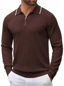 Men's Knit Shirt Long Sleeve Quarter Zip Sweater Casual Shirts Vintage Striped Collar - 焦糖 - 查看 6