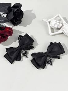 2件装哥特风蕾丝缎带深色心形十字发饰，适合节日装扮和日常佩戴，哥特爱好者必备，包括发夹、发爪、发卡、发夹、发饰、发卡等。 - 黑色 - 查看 3