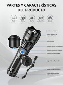 Linterna táctica de alta potencia con largo alcance, luz LED con pantalla LCD de visualización de alimentación, recargable por USB, con zoom telescópico, linterna para camping - Negro - Ver 10