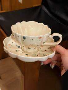 1 Set Taza y platillo de cerámica con flores silvestres románticas de primavera, Taza y platillo de café con flores frescas de verano, Taza de arte de latte ondulado, Plato de postre lindo, Plato para dulces, Ideal para reuniones al aire libre, picnics, decoración de cafés