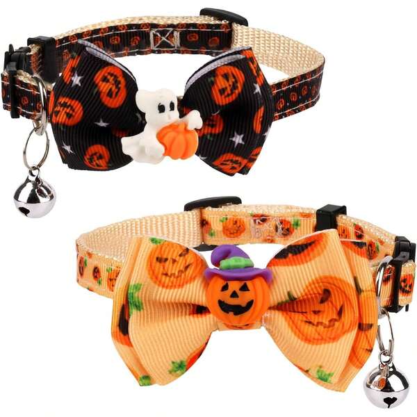 2pcs Halloween Cat Collar, Adjustable Cat Collar With Bow Printed Pumpkin Ghost Pattern Breakaway With Silver Bell Cute For Kitten Puppy
