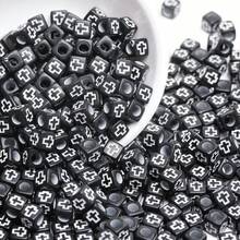 200/600Pcs 6mm Square/7mm Flat Round Acrylic Beads Cross Pattern Beads Loose Spacer Beads For Jewelry Making DIY Bracelets Accessories - 黑底白字/方形 - 查看 1