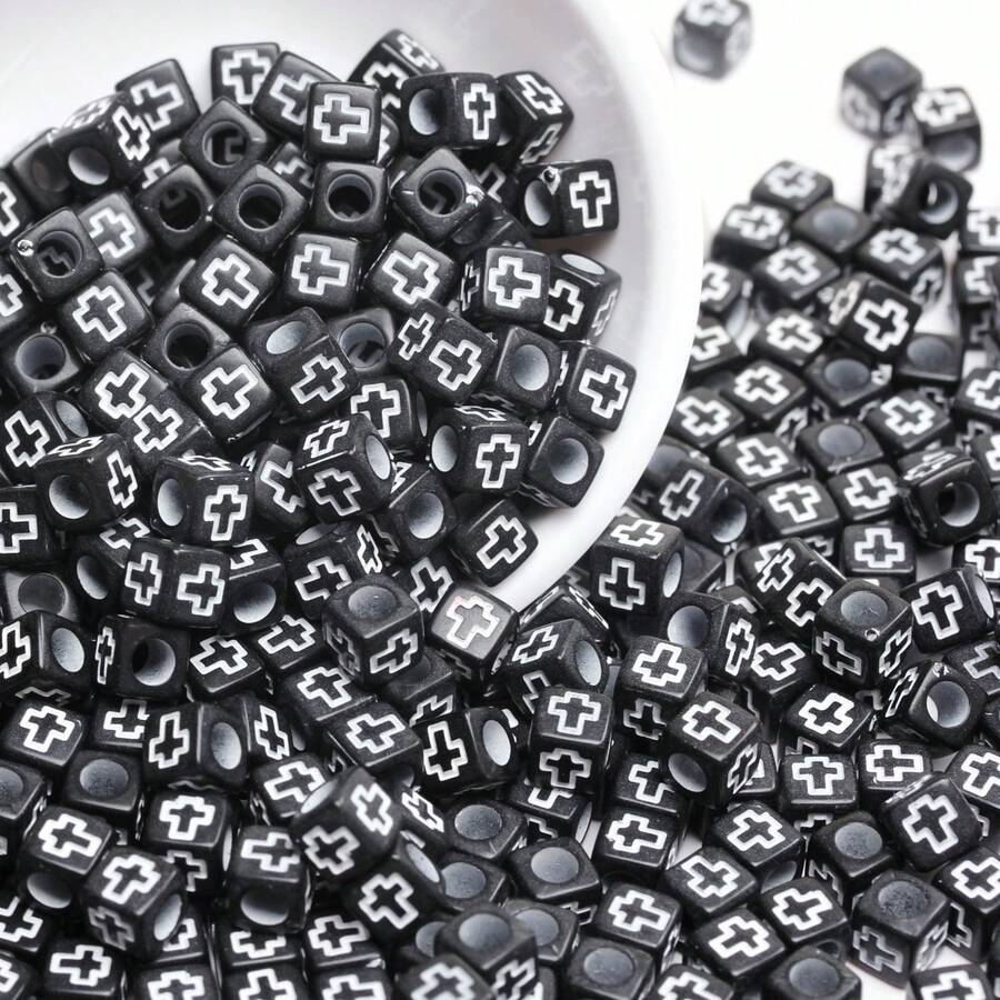 200/600Pcs 6mm Square/7mm Flat Round Acrylic Beads Cross Pattern Beads Loose Spacer Beads For Jewelry Making DIY Bracelets Accessories - 黑底白字/方形 - 查看 1