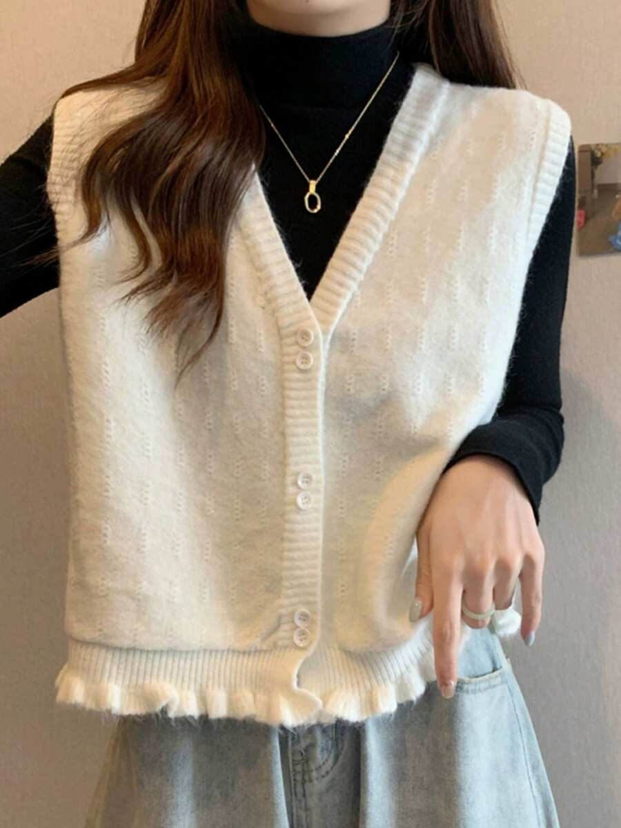 Chaleco de mujer con cuello en V para otoño/invierno con diseño de volantes en el bajo - Beis - Ver 1