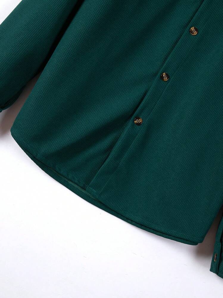 2 piezas Conjunto de camisa casual de unicolor con cuello y bolsillos + pantalones para hombre, de tela de poliéster ligera para ocio, deportes y vacaciones, primavera/otoño - Verde Oscuro - Añade 8