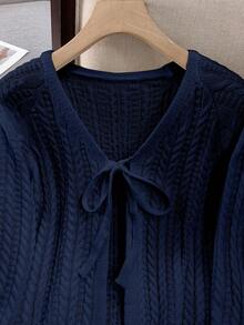 Women's Lace-Up Solid Color Cable Knit Long Sleeve Cardigan, Lightweight & Flowy, Cute Spring/Autumn Sweater - Navy Blue - View 3