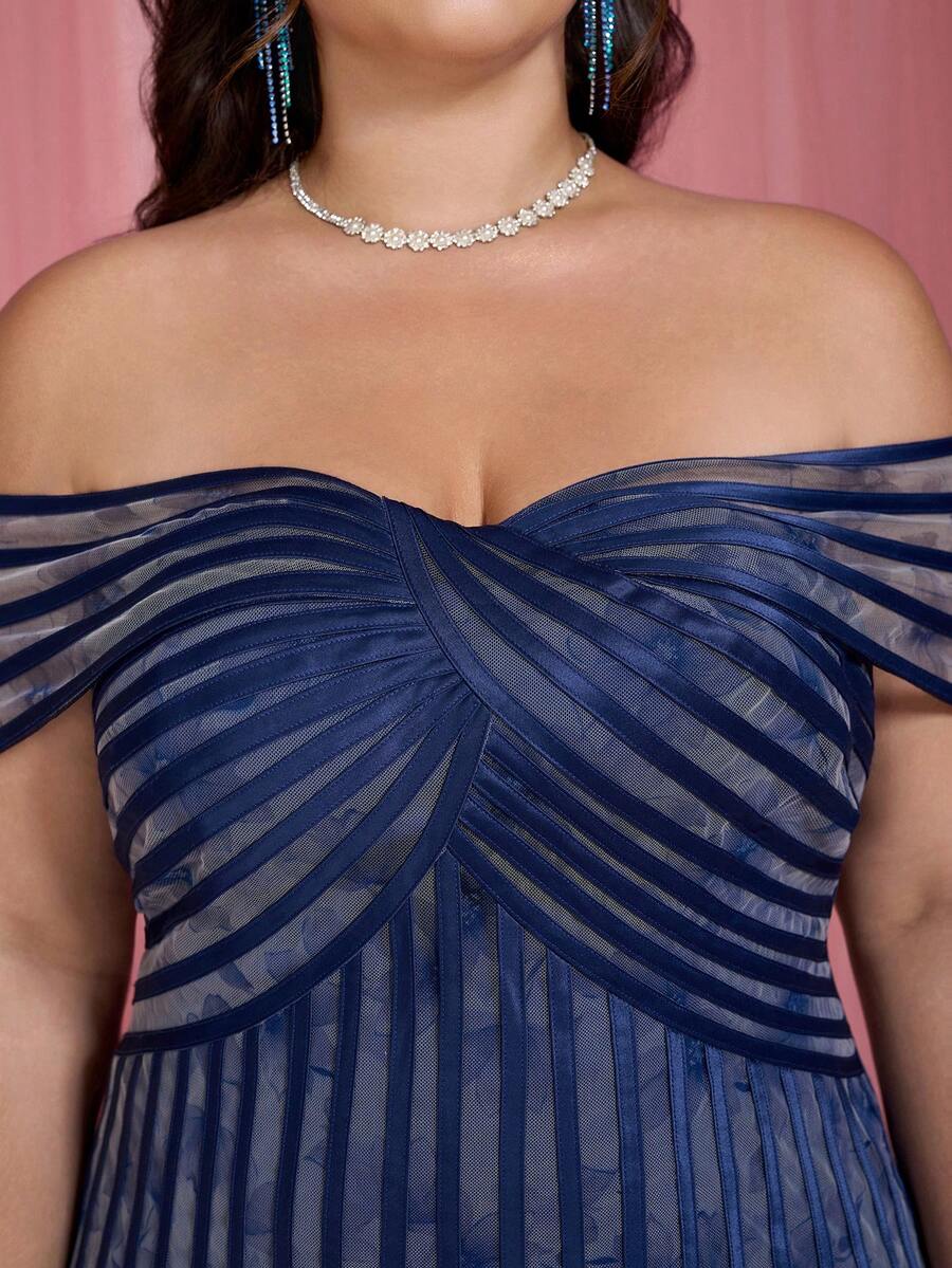 Mgiacy New Off-Shoulder Mesh Flared High-End Evening Gown, Suitable For Black Tie Events, Blue Dress - Navy Blue - View 1