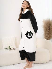 Pijama con capucha de felpa coral con decoración de orejas de panda para mujer, bata gruesa y cálida para otoño/invierno, esponjosa y acogedora - Blanco y Negro - Ver 5