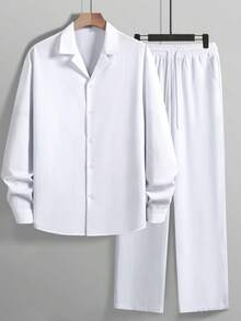 男士两件套 - 亚麻衬衫和抽绳长裤套装 | 轻盈透气休闲长袖沙滩度假套装 | 婚礼派对假日服装 | 送给丈夫、父亲的礼物，秋季服装，舒适套装 - 白色 - 查看 1