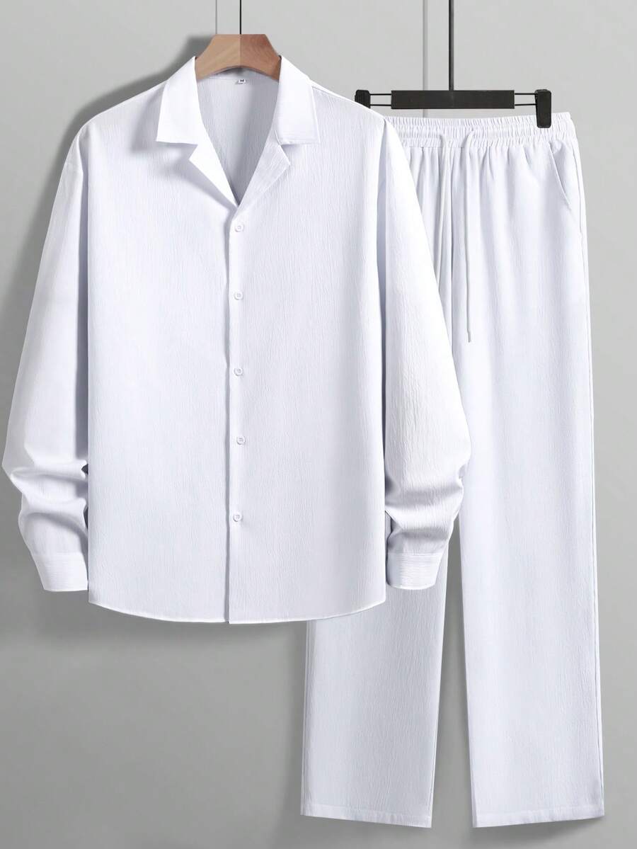 男士两件套 - 亚麻衬衫和抽绳长裤套装 | 轻盈透气休闲长袖沙滩度假套装 | 婚礼派对假日服装 | 送给丈夫、父亲的礼物，秋季服装，舒适套装 - 白色 - 查看 1