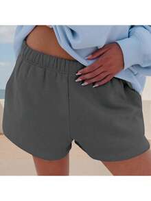 Women Athletic Shorts Loose Fit Solid Color Drawstring Sweatshorts For Yoga Running - 深灰色 - 查看 2