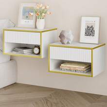 Gold Nightstand Set Of 2, Modern Bedside Table With Drawers And Open Shelf, Floating Design, Small Side Table For Bedroom, Black/ White - 白色 - 查看 1
