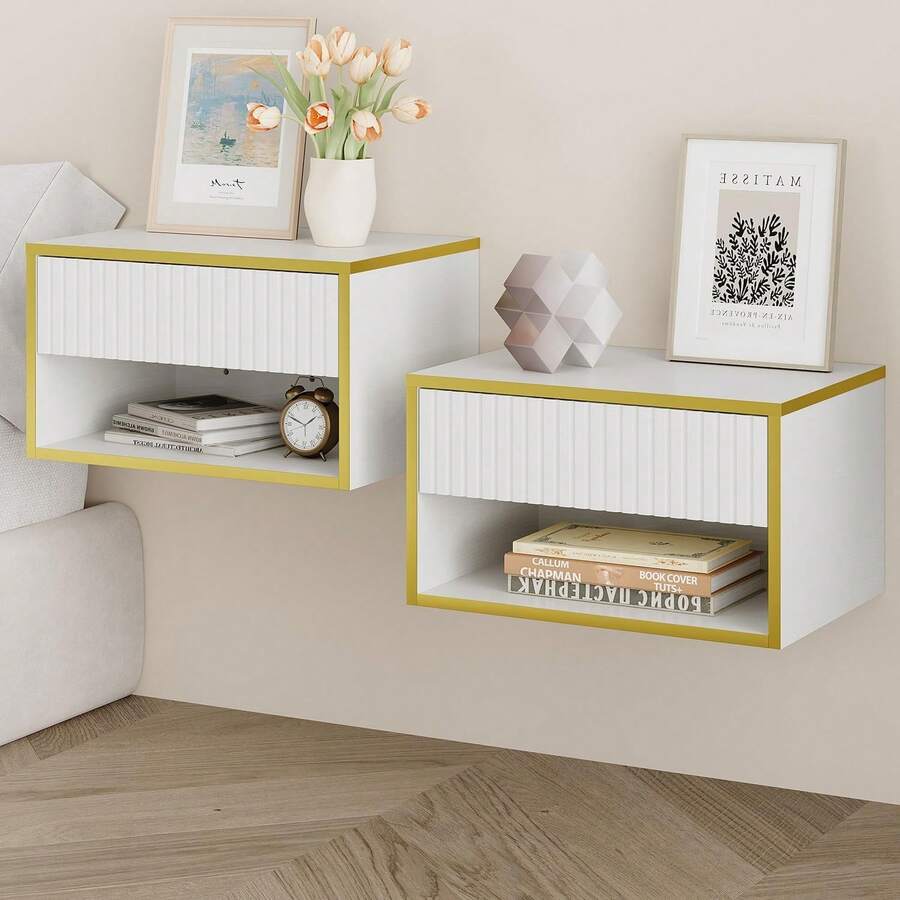 Gold Nightstand Set Of 2, Modern Bedside Table With Drawers And Open Shelf, Floating Design, Small Side Table For Bedroom, Black/ White - 白色 - 查看 1