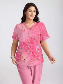 cimmuovere Camicetta donna a maniche corte con scollo a V, stampa carina, due tasche, divisa da infermiera, abbigliamento da lavoro per dentisti, operatori sanitari, veterinari, laboratori, primavera - Multicolore - Visualizzare 3