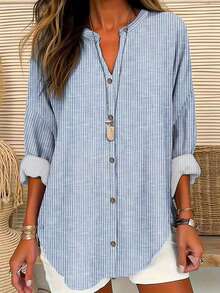 Plus Size Spring Summer Autumn Women's Striped Loose Notch V-Neck Shirt - Màu xanh lam - Xem 1