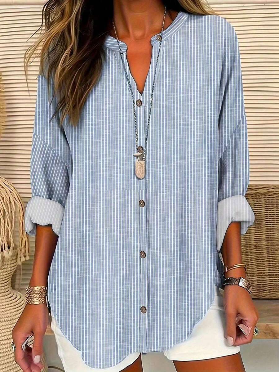 Plus Size Spring Summer Autumn Women's Striped Loose Notch V-Neck Shirt - Màu xanh lam - Xem 1