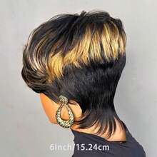 Short Straight Layered Pixie Cut Wig For Women With Bangs 180% Density Brazilian Remy Human Hair Black Mixed Blonde (1B3060) Perfect For Everyday & Cosplay & Parties & Music Festival & Halloween Party & Christmas Party Wig - 1B3060 - Xem 5