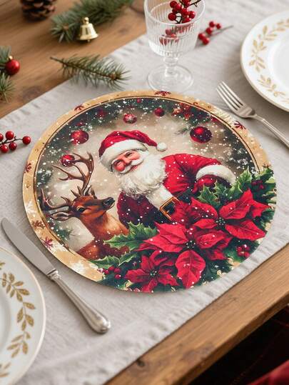 4件套圣诞圆形亚麻餐垫，饰有圣诞老人、驯鹿、红色花卉和圣诞球图案，西部风格餐桌垫，圣诞派对装饰，家居圣诞装饰，圣诞装饰，厨房装饰，桌面装饰，节日派对用品，咖啡桌装饰，餐厅配件，冬季装饰，新年派对用品