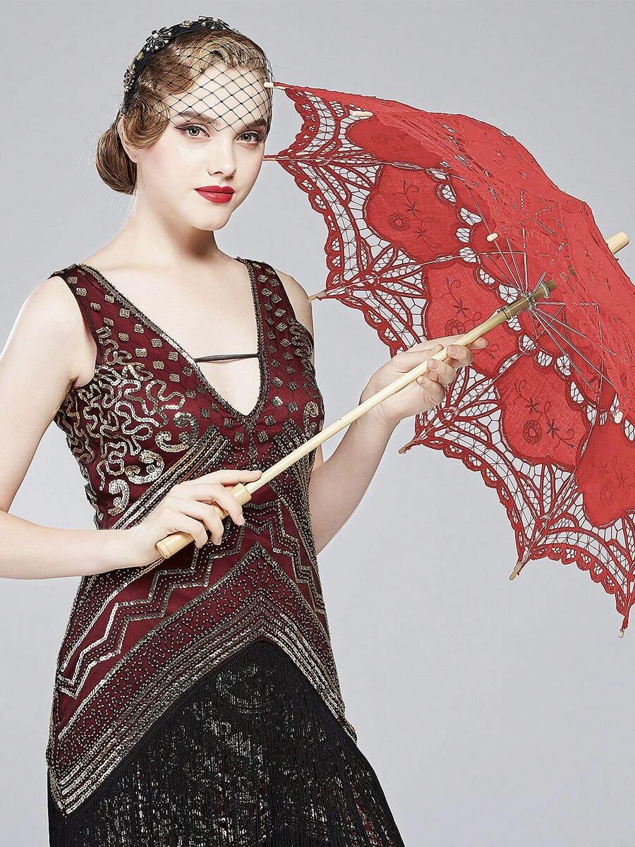 BABEYOND Lace Umbrella Parasol Vintage Wedding Bridal Umbrella For Decoration Photo Lady Costume 1920s Party (Red) - 紅色 - 查看 1