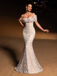 Faeriesty Haute Glamour Elegant Sparkly Sequin Maxi Off-Shoulder Evening Gown With Sparkling Crystal-Beaded Accents For Red Carpet Events, Luxury Weddings, Black-Tie Gala Dinners, And Editorial-Ready Fashion Show Outs For Women - Màu be - Xem 8