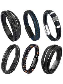 Xiacheng 1/6 件男士编织皮革手链 - 手工牛皮腕带，波西米亚风格合金扣，送给丈夫/男朋友的礼物（黑色） - 黑色 - 查看 7