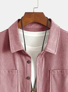 畅销轻薄灯芯绒男士休闲衬衫外套，翻领，纽扣前襟，长袖，双口袋设计，适合日常休闲、时尚简约外出、舒适居家及街头穿着，春季薄款长袖衬衫 - 粉色 - 查看 6