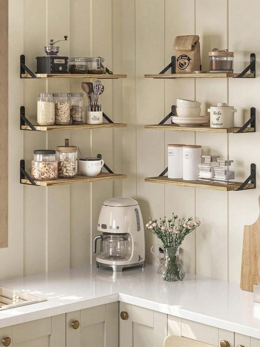 1个投影仪壁挂支架，加固钢支撑，卧室壁挂式储物架，100%天然桐木，大尺寸，用途广泛，可调节支架设计，适用于厨房、浴室和卧室收纳，坚固耐用，易于安装，非常适合展示小型盆栽植物、多肉植物和悬挂装饰品。 - 燒木色 - 查看 1