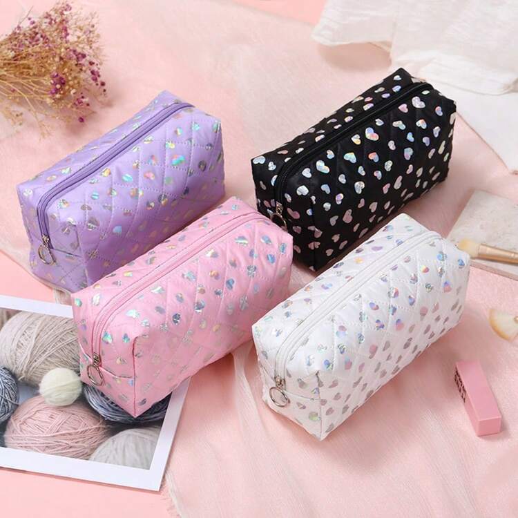 新款INS风复古高品质PU多功能化妆包，便携式化妆品收纳袋，激光爱心印花，大容量旅行手拿包，化妆包，旅行必备 - 彩色 - 查看 2