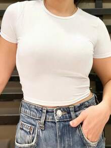 Women's Solid Color Round Neck Short Sleeve Short Slim Fit Casual T-Shirt - 白色 - 查看 4