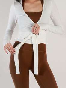 Women's Ballet Wrap Tops V Neck Long Sleeve Slim Fit Self Tie Workout Pilates Yoga Wrap Tops Y2k Dance Shirt - 白色 - 查看 3